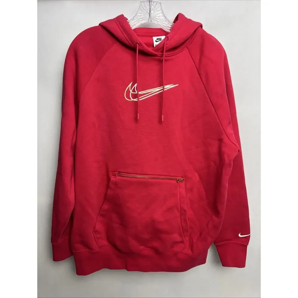 Women's NIke Metallic Oversized Fleece Hoodie XS Bery Red Zipper Pocket Pullover